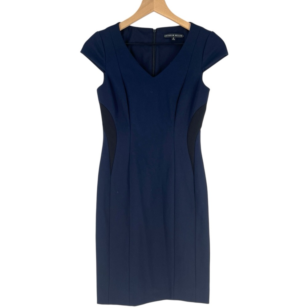 ANTONIO‎ MELANI Navy & Black Cap Sleeve Stretch Ponte Knit Midi Sheath Dress 0